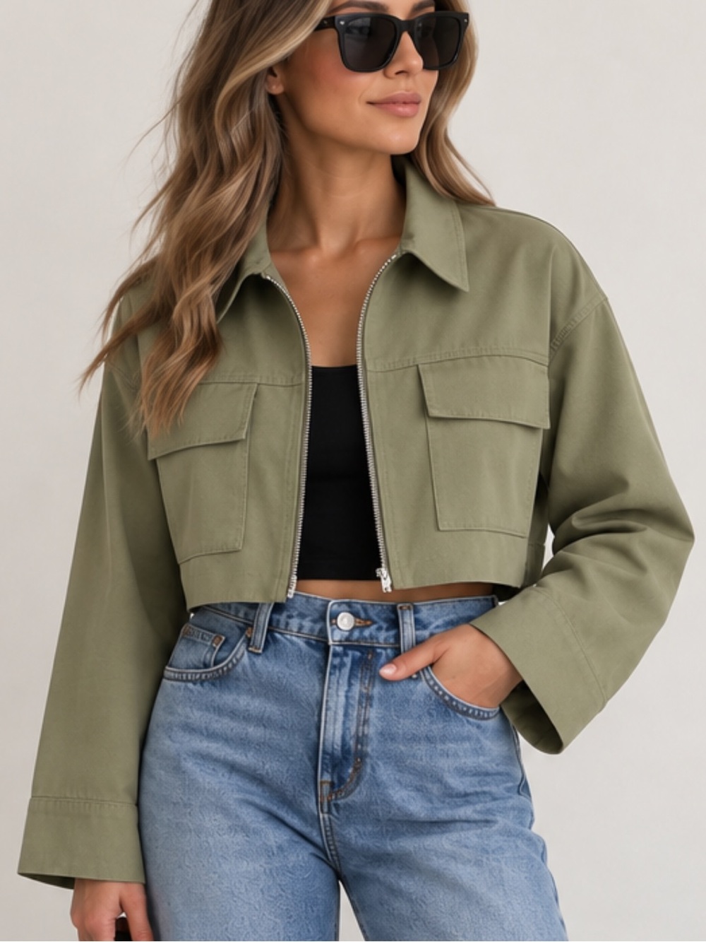 NWT Zara Olive Green Cropped Utility Zip Jacket Oversized Boxy Fit size L